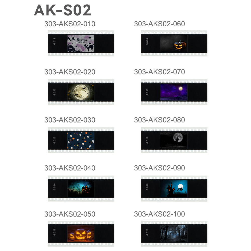 A grid of ten Godox Slide Filter AK-S02 (10 pieces), each with unique codes 303-AKS02-010 to 303-AKS02-100 and featuring a variety of Halloween-themed images such as pumpkins, moons, bats and scary forests.