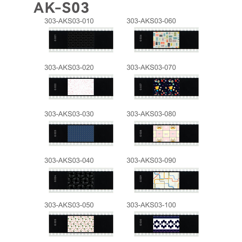 Ten Godox Slide Filter AK-S03 strips, each with a unique design and marked 303-AKS03-010 to 303-AKS03-100, are displayed in two columns.