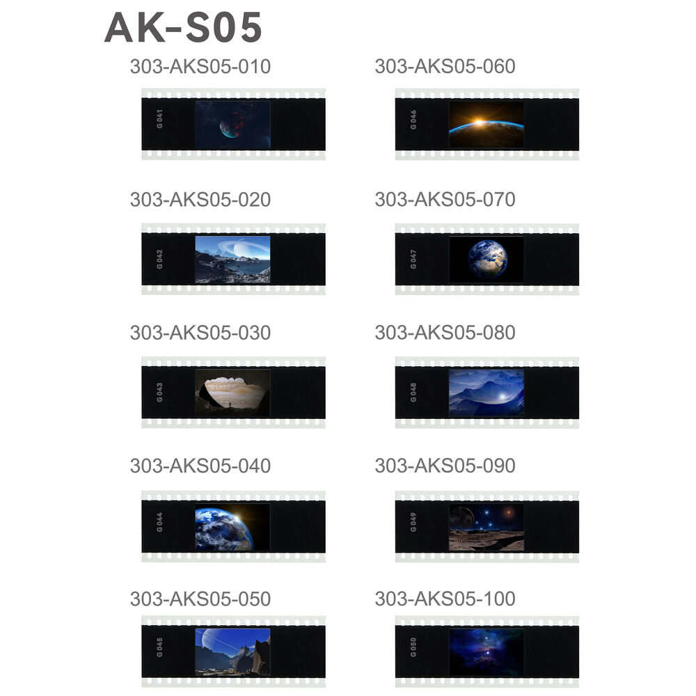 A grid with twelve Godox Slide Filter AK-S05 (10 pcs) slides, each with a unique landscape or space image, and the codes 303-AKS05-010 - 303-AKS05-100 displayed next to each frame.