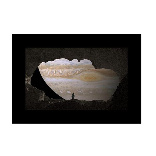 A person stands on the edge of a dark cave and looks out as the swirling clouds of Jupiter and a large red spot fill the sky, all vividly reflected by the Godox Slide Filter AK-S05 (10 pcs).