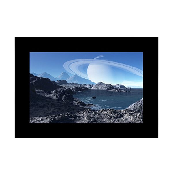 A surreal, rocky terrain with jagged peaks and a shadowy beach under a blue sky, accented by a huge ring-shaped planet on the horizon - captured with Godox Slide Filter AK-S05 (set of 10).