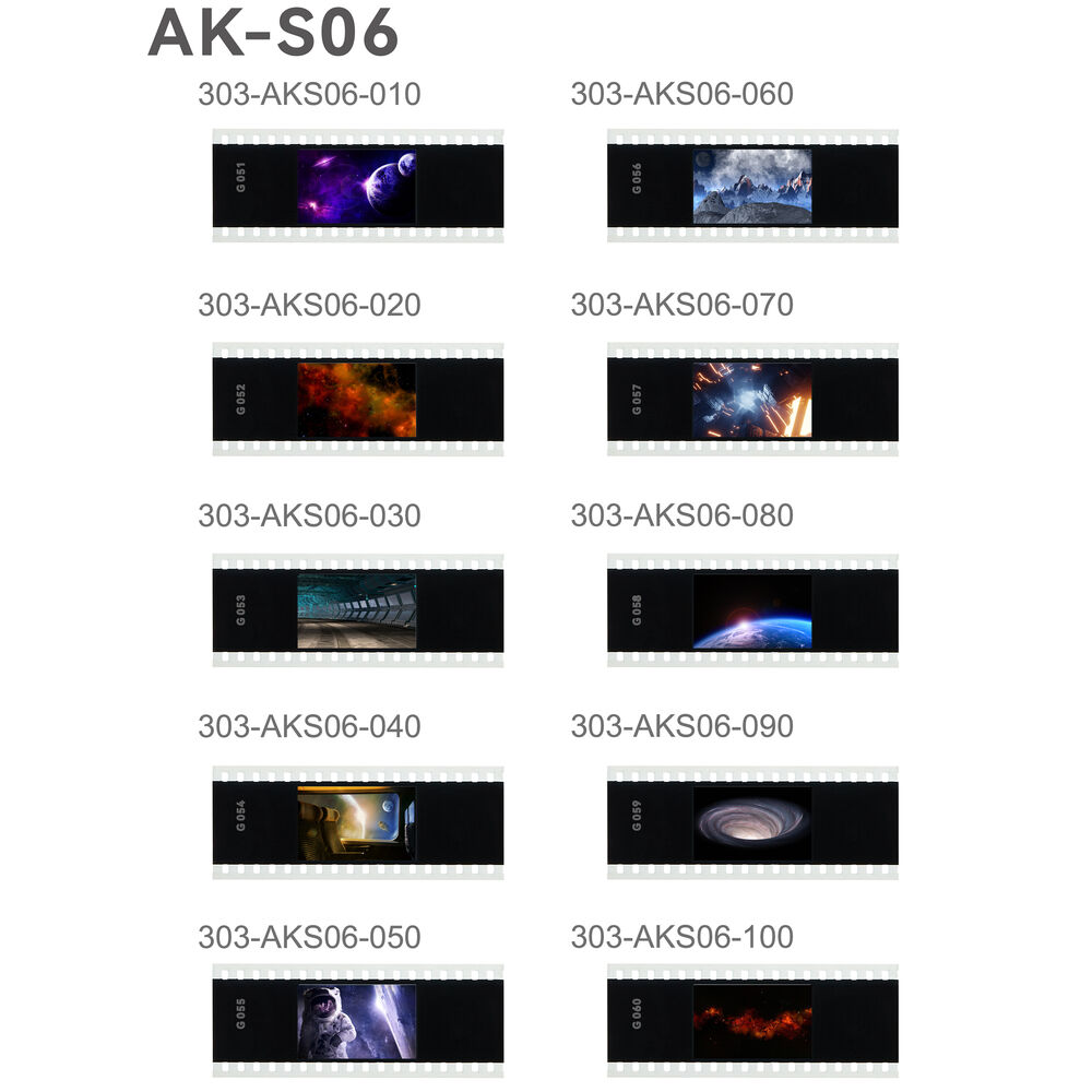 Kymmenen Godox Slide Filters AK-S06 -diasuodattimen sarja, jossa on merkinnät 303-AKS06-010 - 303-AKS06-100. Jokaisessa suodattimessa on erilainen kosminen kohtaus, jossa on ainutlaatuisia värejä ja kuvioita.