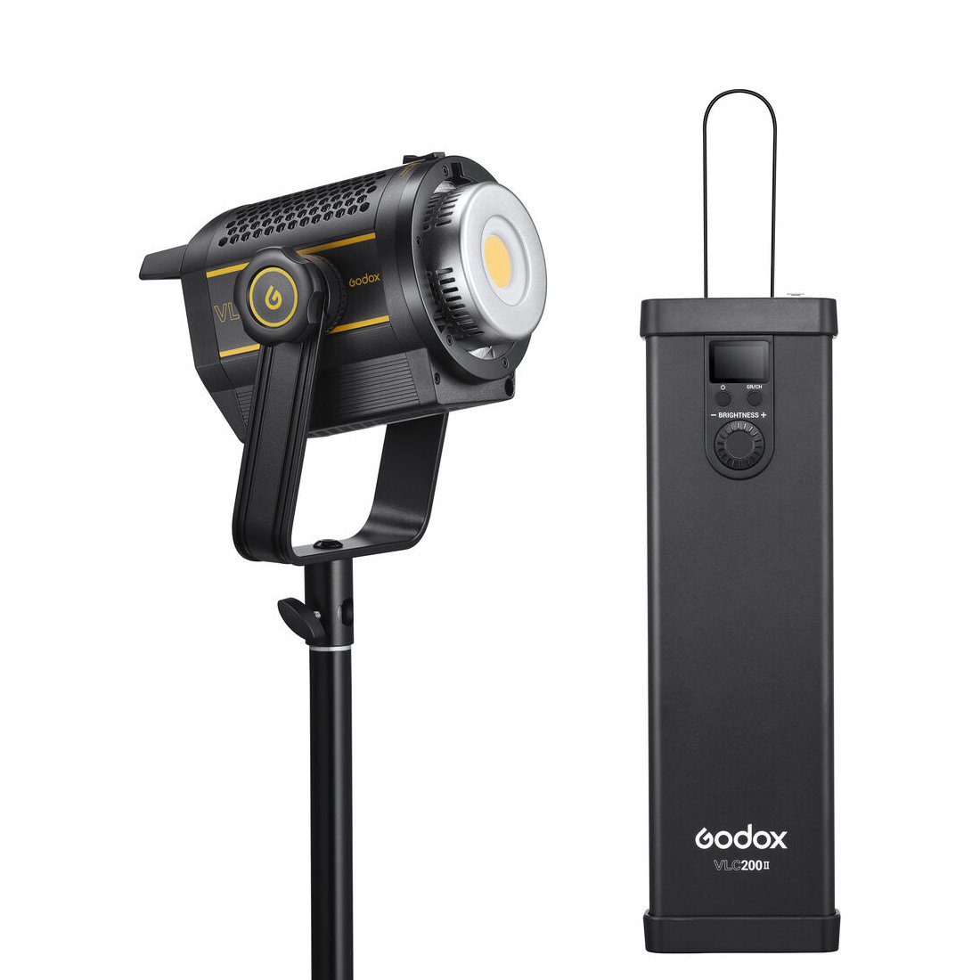 The Godox VL200II LED video light is mounted on a stand, and next to it is a rectangular black external control unit with a display and selector, both with yellow highlights.