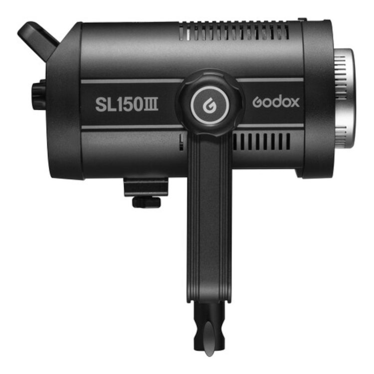 Side view of the black Godox SL150III LED video light, showing its cylindrical body, vented sides and bottom bracket. The Godox logo and model name can be seen on the side.