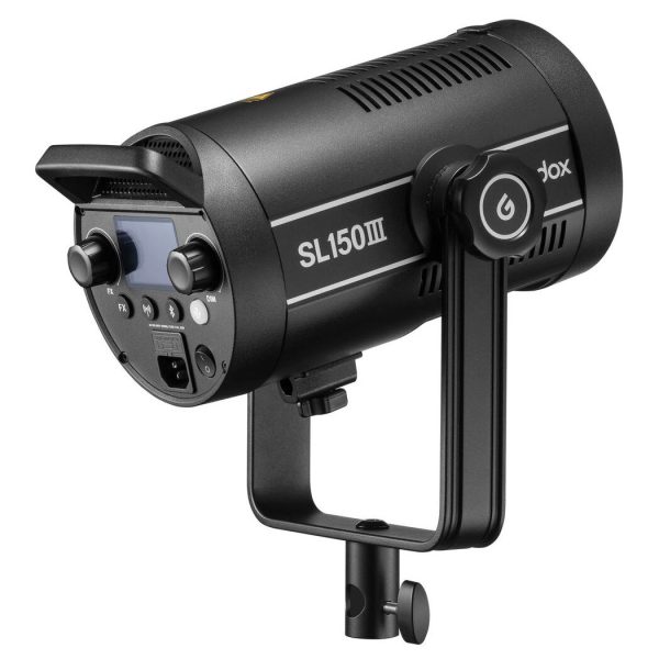Godox SL150III LED video light - LED light in black with control knobs, LCD display and mounting bracket, shown from angled side and rear views.