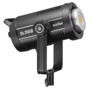 The black Godox SL150III LED video light with a cylindrical body, control knob and bracket is shown at an angle against a white background.
