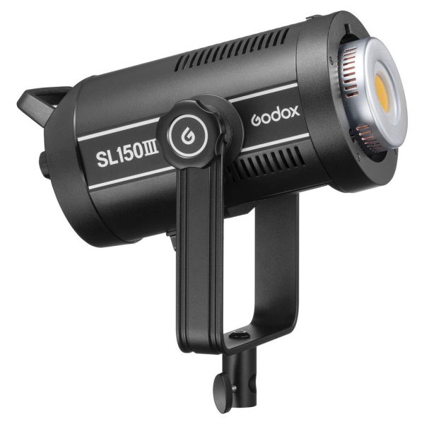 The black Godox SL150III LED video light with a cylindrical body, control knob and bracket is shown at an angle against a white background.