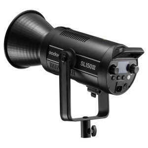 The Godox SL150III LED video light is a black LED light with a large reflector, control panel and mounting bracket against a white background.