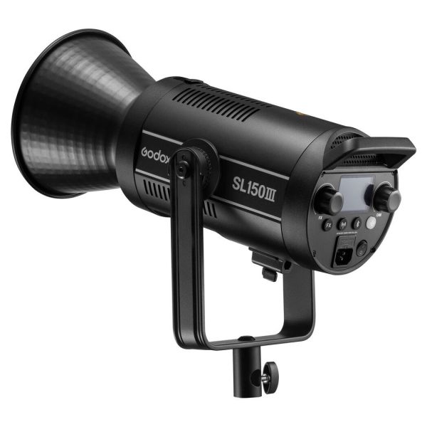 The Godox SL150III LED video light is a black LED light with a large reflector, control panel and mounting bracket against a white background.