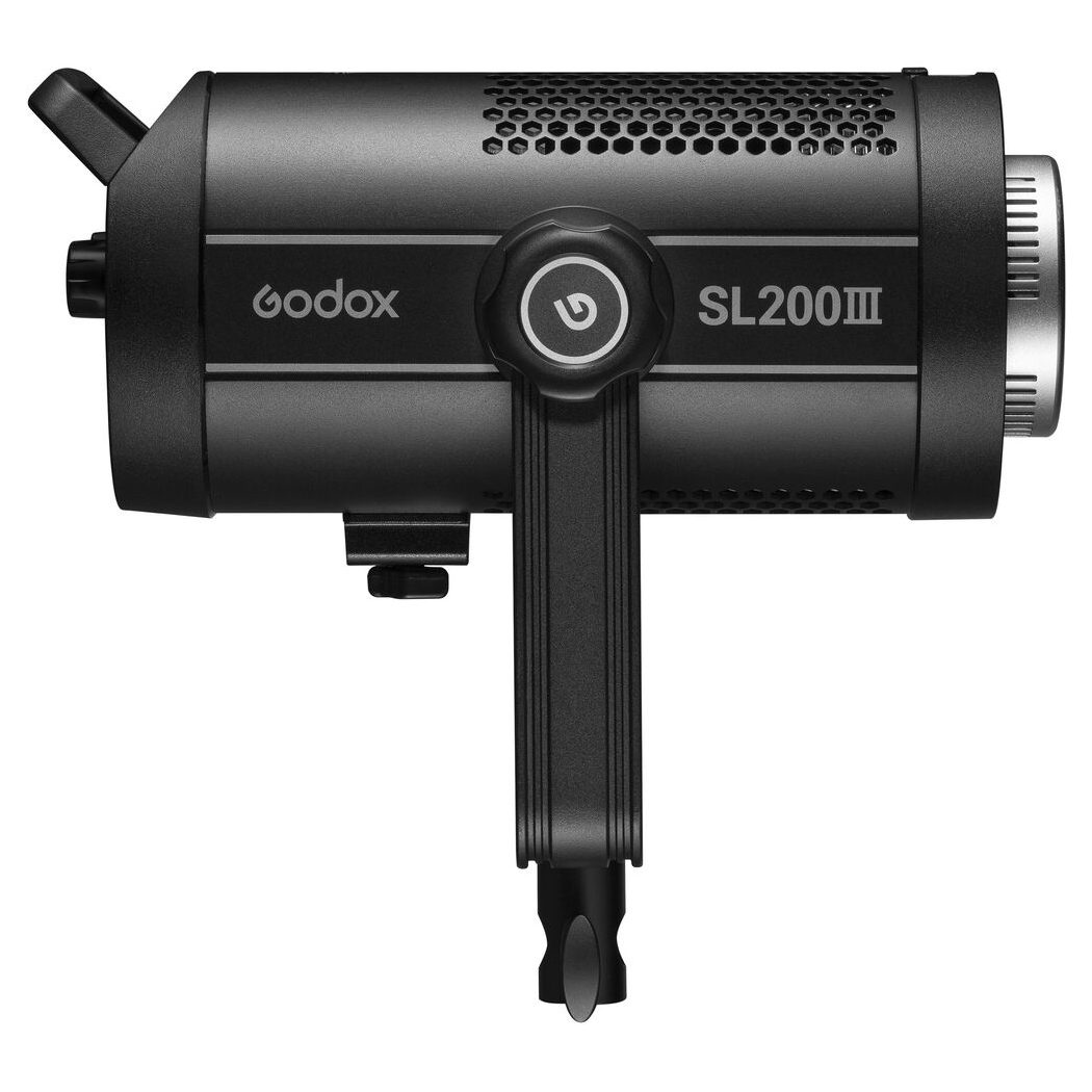 Godox SL200III LED video light - LED light in black, side view, with cylindrical ventilated body, mounting bracket and control knobs.