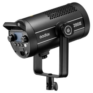 The black Godox SL200III LED video light with digital control panel, control knobs and mounting bracket is visible from the side on a white background.