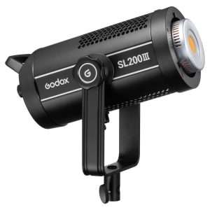 The Godox SL200III LED video light in black, with a cylindrical body, cooling vents and mounting bracket, is presented at a three-quarter angle to the right.