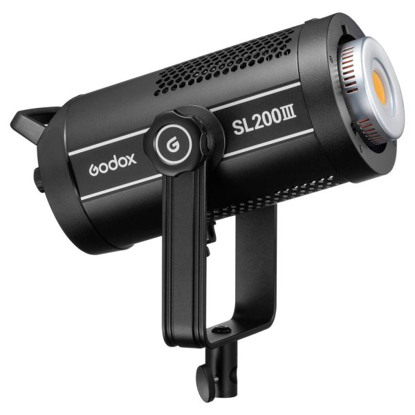 The Godox SL200III LED video light in black, with a cylindrical body, cooling vents and mounting bracket, is presented at a three-quarter angle to the right.