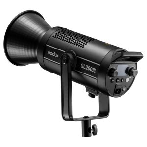 Black Godox SL200III LED video light - LED light with large reflector, digital display, control buttons and swivelling stand bracket.