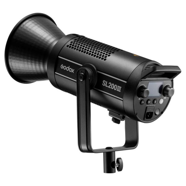 Black Godox SL200III LED video light - LED light with large reflector, digital display, control buttons and swivelling stand bracket.