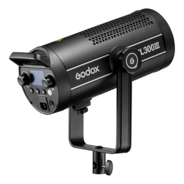 Godox SL300III LED video light - LED light in black with control panel, buttons and digital display on the back, mounted on an adjustable bracket.