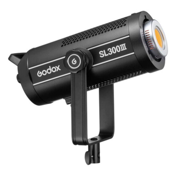 Godox SL300III LED video light -LED light, black, cylindrical shape with control knob, ventilation holes and mounting bracket, positioned diagonally against a white background.