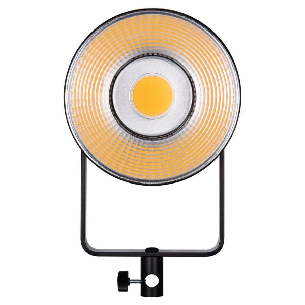 The Godox SL300III LED video light features a circular design with yellow and silver concentric circles, is mounted on a black adjustable stand and is photographed from the front against a white background.