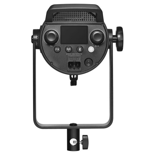 Godox SL300III LED video light - LED light rear view showing control knobs, buttons, digital display, connection ports and bracket with control knob at the bottom.