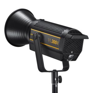 Black Godox VL300II LED Video Light with large reflector on stand, ventilated housing and yellow side marker.