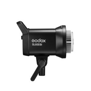 Sivukuva Godox SL60IIBI LED-videovalaisimesta -LED-valo mustana, jossa on kahva ja säätönuppi valkoisella pohjalla.