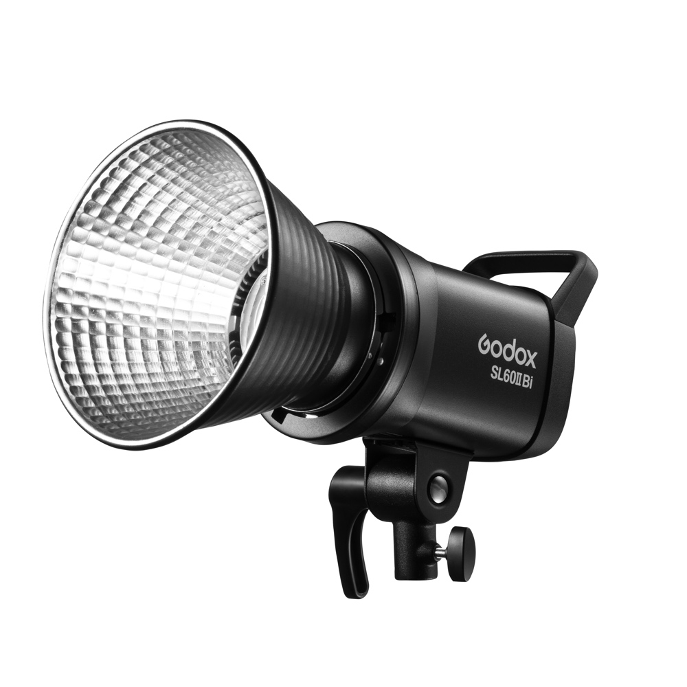 Black Godox SL60IIBI LED video light - LED light with large silver reflector, mounted on a swivel bracket, isolated on a white background.
