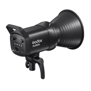 Mustanvärinen Godox SL60IIBI LED-videovalaisin -LED-valo, jossa on takaosan ohjauspainikkeet ja virtaliitäntä, on asennettu säädettävään kiinnikkeeseen ja näytetään valkoista taustaa vasten.