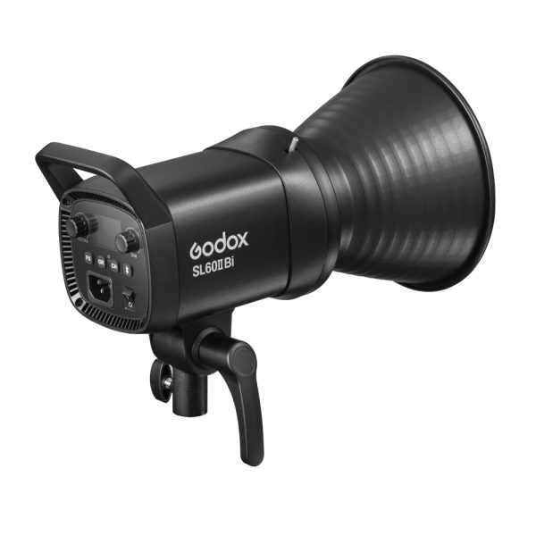 Mustanvärinen Godox SL60IIBI LED-videovalaisin -LED-valo, jossa on takaosan ohjauspainikkeet ja virtaliitäntä, on asennettu säädettävään kiinnikkeeseen ja näytetään valkoista taustaa vasten.