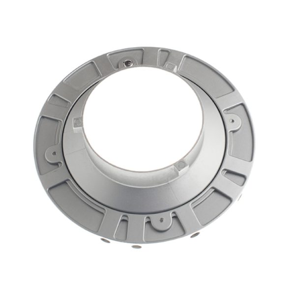 1677232450_900 The Godox SL60IID Duo Kit - LED light features a round, metallic grey industrial design with a wide central aperture and a brushed geometric edge.