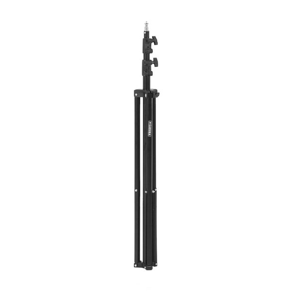Godox SL60IID Trio kit - LED-valo sisältää mustan, säädettävän kolmijalkaisen jalustan, jossa on kolme kokoontaitettua jalkaa ja kaksi lukituskiinnikettä ja joka seisoo pystyssä valkoisella pohjalla.