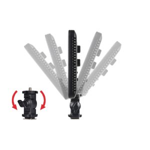 Godox Led P120C Adapter Kit on musta säädettävä kiinnike, joka on esitetty eri kallistuskulmissa, mikä osoittaa sen kierto- ja kallistusominaisuudet. Punainen nuoli korostaa jalustan 360 asteen kääntömahdollisuutta.