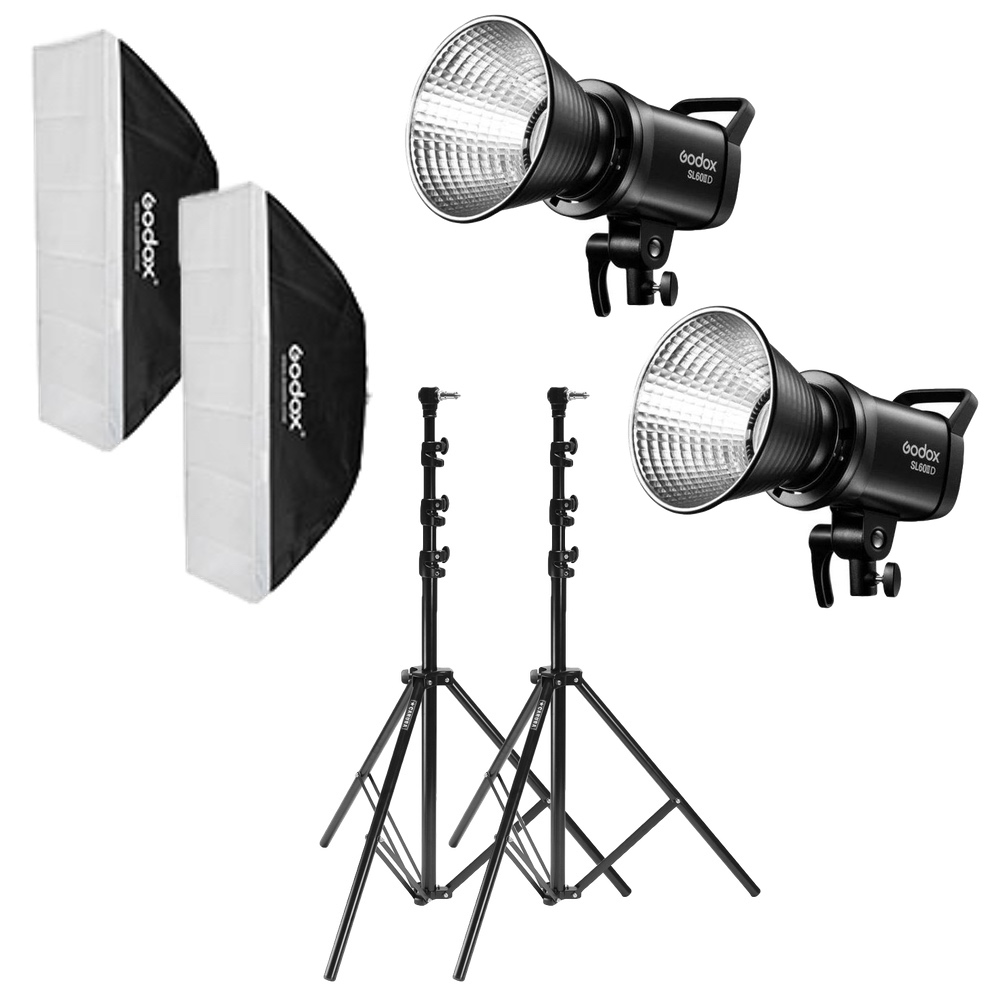Two black Godox SL60IID Duo Kit LED lights with reflectors, two black and white softboxes and two adjustable black light stands, all against a white background.