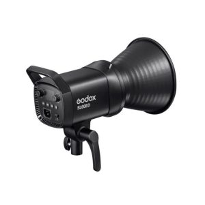 1681461697_769 The black Godox SL60IID Duo Kit LED light with large reflector, control panel and handle is mounted on a bracket against a white background.