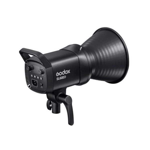 1681461697_769 The black Godox SL60IID Duo Kit LED light with large reflector, control panel and handle is mounted on a bracket against a white background.