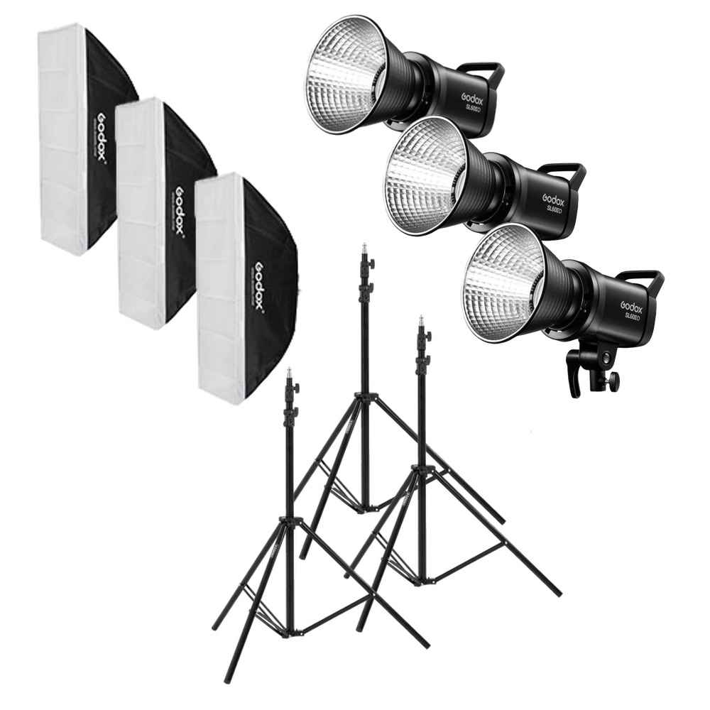 Godox SL60IID Trio kit - LED-valo sisältää kolme mustaa studiovaloa, kolme valaisinjalustaa ja kolme suorakaiteen muotoista softboxia Godoxin tuotemerkillä, jotka näkyvät erikseen valkoisella pohjalla.