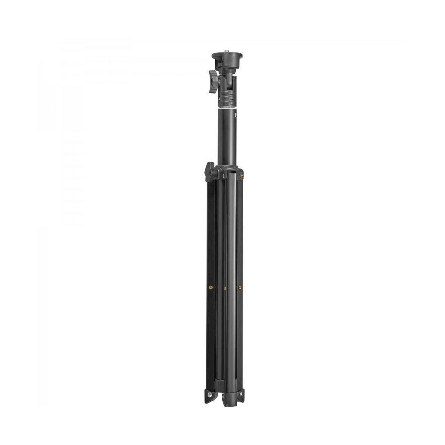 Godox 160F Light Stand, musta kolmijalka, jossa on säädettävät jalat ja kiinnitysteline, seisoo pystyssä valkoista taustaa vasten.