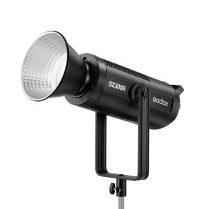 The black Godox SZ300R Zoom RGB LED Video Light with a large reflector is mounted on a metal base and displayed from the front against a white background.