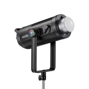The Godox SZ300R Zoom RGB LED video light is a black professional studio light with a rounded front, control knobs and the Godox logo on the side, mounted on a metal base.