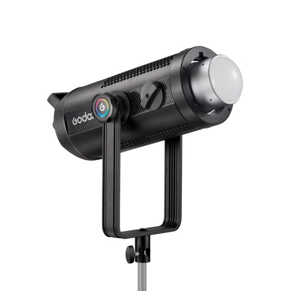 The Godox SZ300R Zoom RGB LED video light is a black professional studio light with a rounded front, control knobs and the Godox logo on the side, mounted on a metal base.