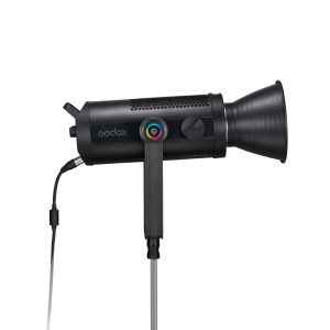 The black Godox SZ300R Zoom RGB LED RGB LED video light with conical reflector, control knob and power cord is visible from the side on a white background.