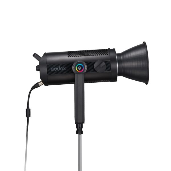 The black Godox SZ300R Zoom RGB LED RGB LED video light with conical reflector, control knob and power cord is visible from the side on a white background.