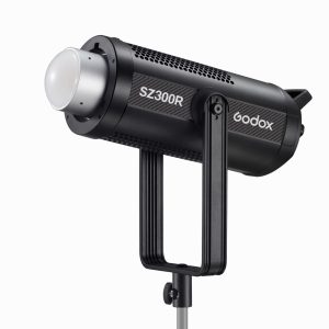 Godox SZ300R Zoom RGB LED RGB Video Light, black, with silver reflector, mounted on a stand against a white background.