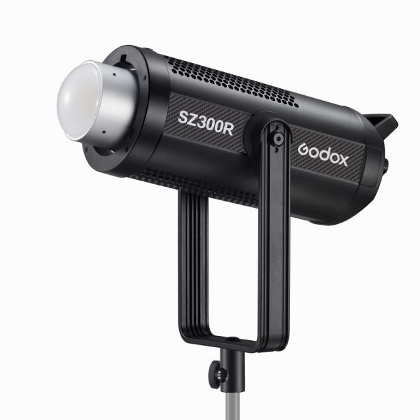 Godox SZ300R Zoom RGB LED RGB Video Light, black, with silver reflector, mounted on a stand against a white background.