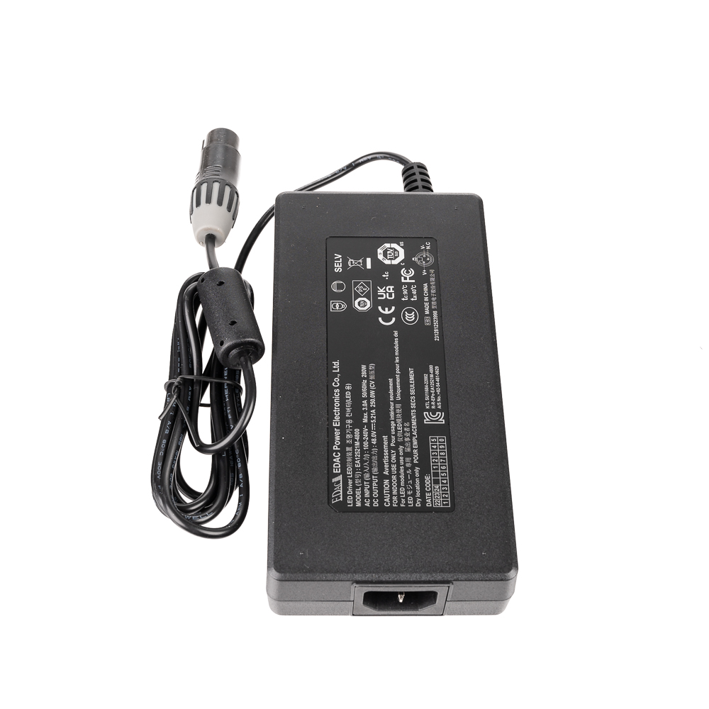 Black Godox Litemons LA200D/LA200Bi power supply with cable and connector. On the upper surface there is a sticker with technical specifications, certification symbols and manufacturer's information in white text.