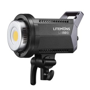 1685525288_899 Godox Litemons LA150D Daylight Duo Kit -LED-valo mustalla, pyöreällä lampulla, tuuletetuilla sivuilla ja tukevalla kiinnityskannattimella varustettu Godox Litemons LA150D Daylight Duo Kit -LED-valo näkyy valkoista taustaa vasten.