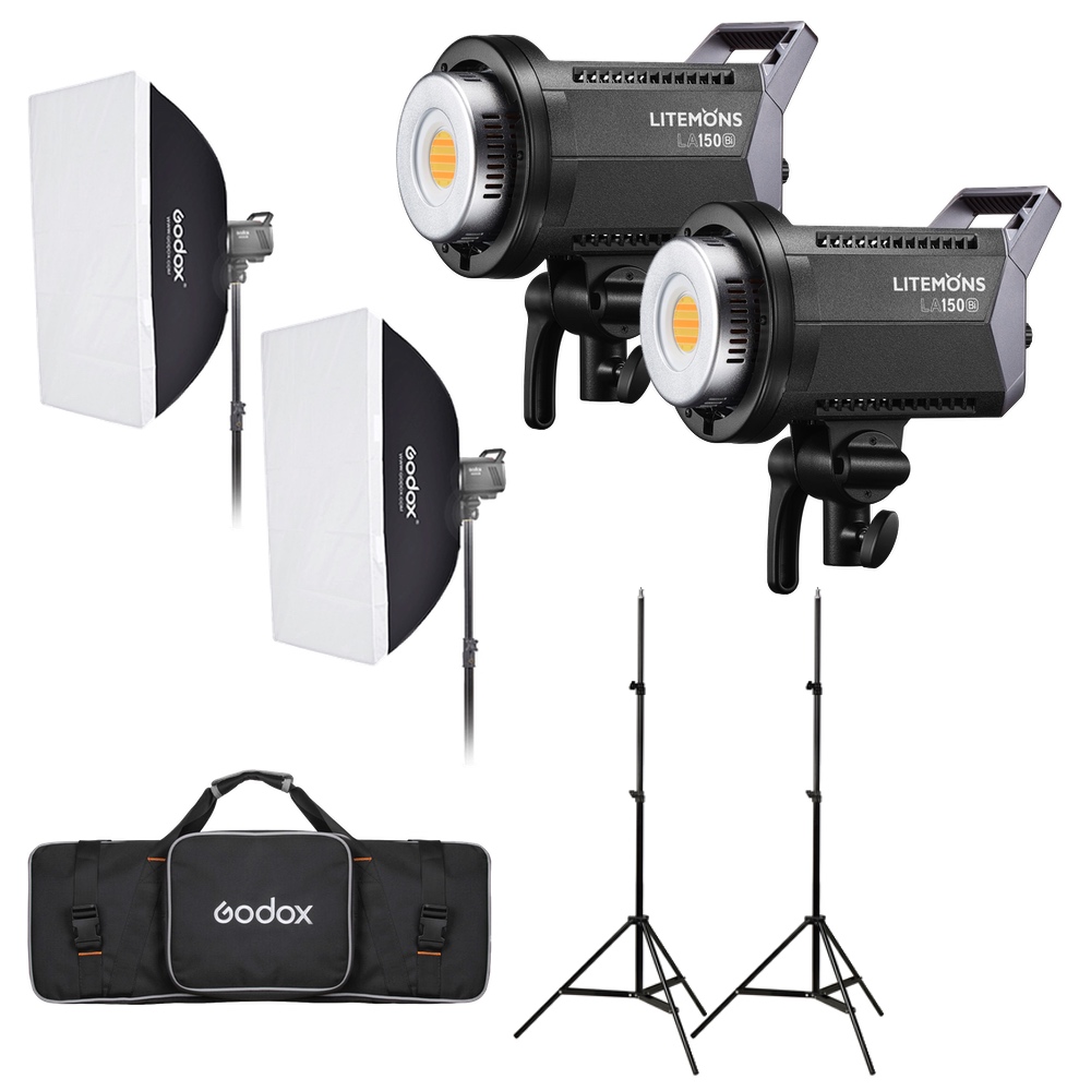 Godox Litemons LA150Bi Bi-color Duo Kit sisältää kaksi LED-valoa, kaksi suorakulmaista softboxia, kaksi valotelinettä ja mustan kantolaukun Godoxin logolla.