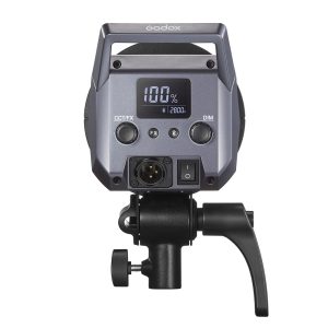 Godox Litemons LA150Bi Bi-color Duo Kit -LED-valo -valaisimen takanäkymä, jossa on digitaalinen näyttö, jossa näkyy 100 % ja 2800K, sekä ohjauspainikkeet ja säätönupit mustassa kiinnikkeessä.