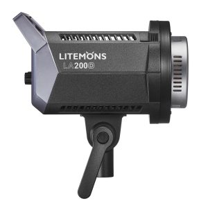Mustan ja hopean värinen Godox Litemons LA200D Daylight Duo Kit -LED-valo näytetään sivulta, jolloin sen tuuletettu runko, kiinnitysteline ja merkkikotelo korostuvat.