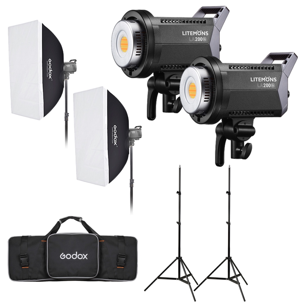 Godox Litemons LA200Bi Bi-color Duo Kit sisältää kaksi LED-valoa jalustoilla ja softbox-diffuusoreilla, kaksi ylimääräistä jalustaa ja mustan Godox-kantolaukun.
