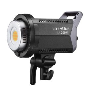 Godox Litemons LA200Bi Bi-color Duo Kit LED-valo sisältää mustan muotoilun, kahvan, kiinnitystelineen, pyöreän valonlähteen ja sivusaukot.